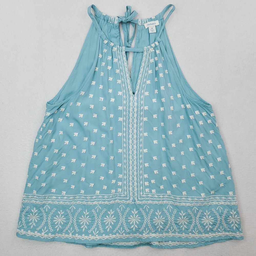 Sundance Tank Top Womens Medium Blue Embroidered Halter Tassel Boho Summer